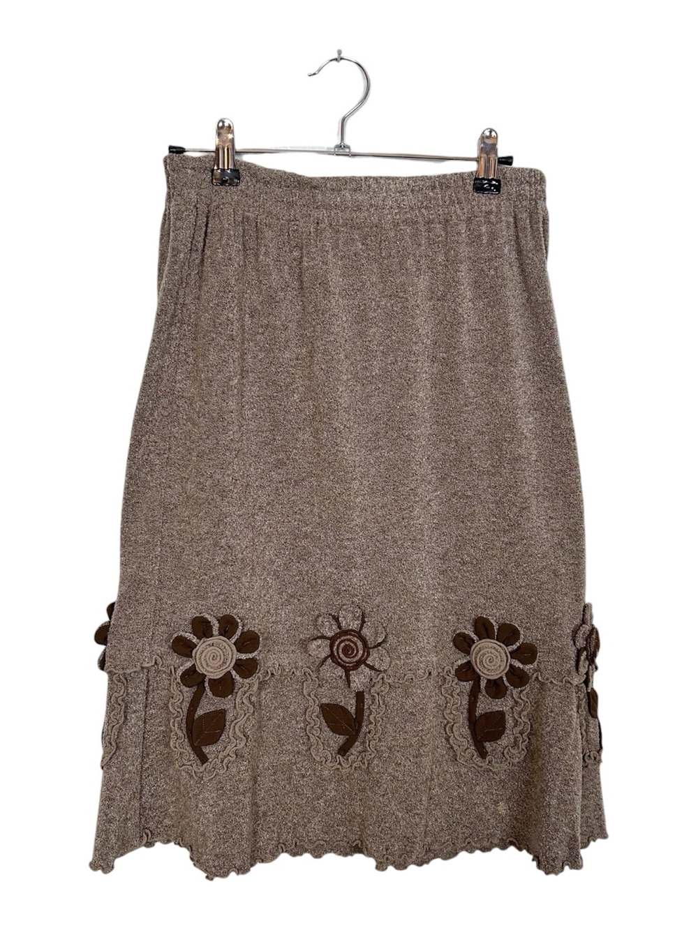 Retro Brown Floral Appliqué Twee Knit Skirt